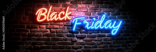 Colorful neon lights announcing Black Friday sales on a textured brick wall photo