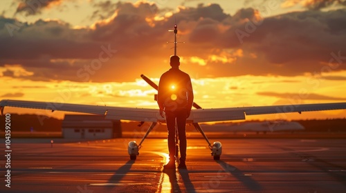 A pilot is shown from behind expertly preparing the small aircraft for takeoff as the sun sets behind him casting a warm glow on the . .