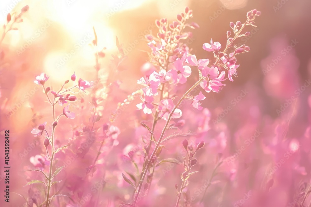 Delicate pink flowers blooming in soft sunlight with a dreamy, ethereal ambiance. Delicate pink flowers blooming in soft sunlight with a dreamy, ethereal ambiance.