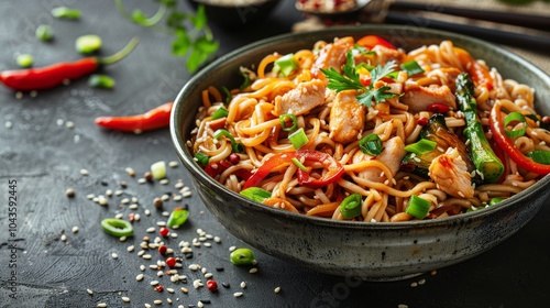 Delectable noodles with chicken, asparagus, colorful peppers, sesame seeds, and soy sauce on dark concrete background