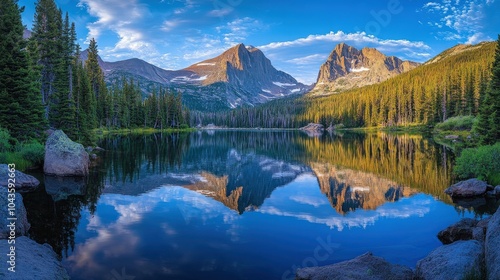 Fototapeta Naklejka Na Ścianę i Meble -  Bear Lake Reflections: Longs Peak and Glacier Gorge Reflecting in the Serene Blue Waters on a Summer Morning