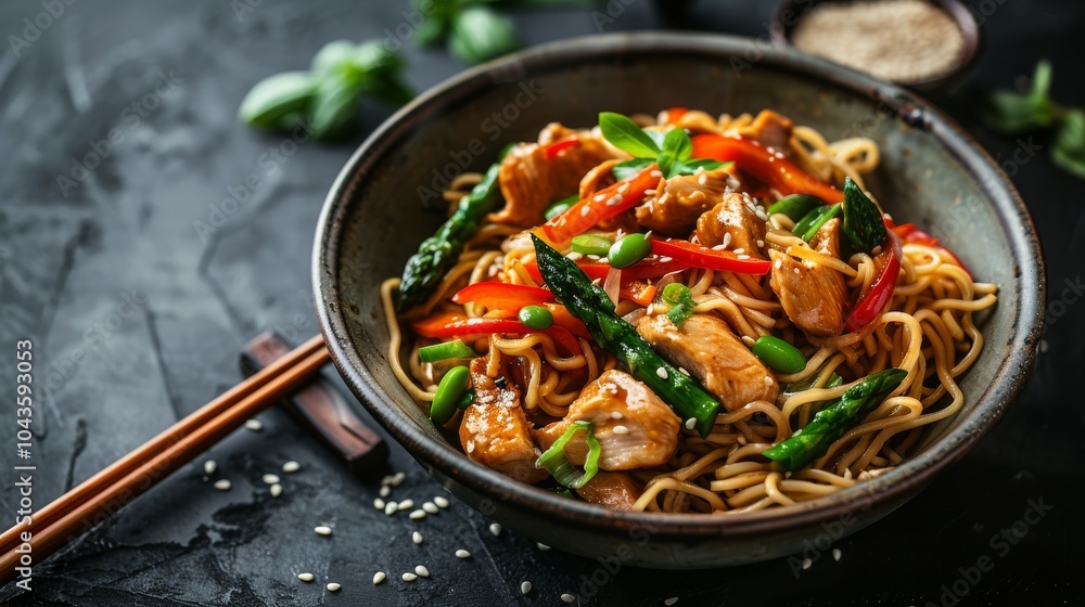 Delectable noodles with chicken, asparagus, colorful peppers, sesame seeds, and soy sauce on dark concrete background