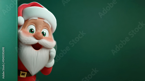 Santa Claus peeking around corner with cheerful expression