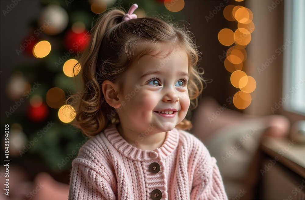 Little girl with curly hair in a pink sweater on the background of the Christmas tree Little girl with curly hair in a pink sweater on the background of the Christmas tree
