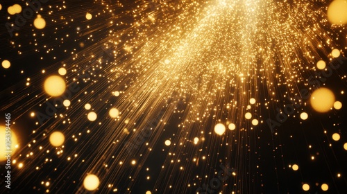 Lifelike depiction of golden fireworks bursting in the sky, with intricate light trails and sparkling particles floating down.