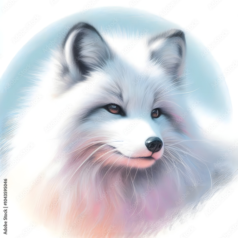 흰 배경, 북극여우, 파스텔화 (white background, Arctic fox, pastel painting) 