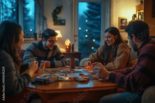 Four friends are sitting around a table, playing a board game in a cozy living room lit by warm lights