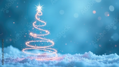 Merry Christmas, Happy Holidays Card - Christmas Tree Shape Made from Bright Spiralling Light on a Dark Blue Background