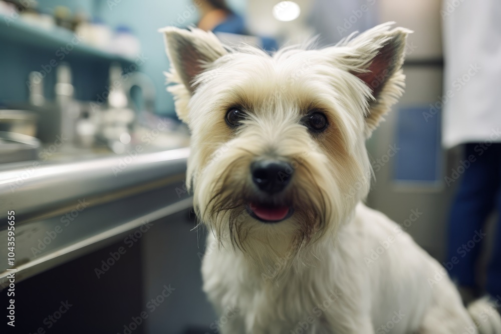 A cheerful dog sitting on a table at a veterinary clinic A cheerful dog sitting on a table at a veterinary clinic