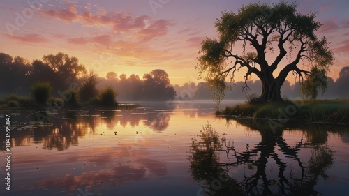 A lone tree stands tall on a misty riverbank as the sun rises over the horizon, casting a warm glow on the water and surrounding forest.