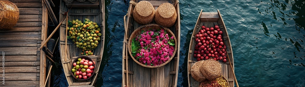 Colorful fruits and flowers displayed on wooden boats by the water, creating a vibrant market scene. Colorful fruits and flowers displayed on wooden boats by the water, creating a vibrant market scene.