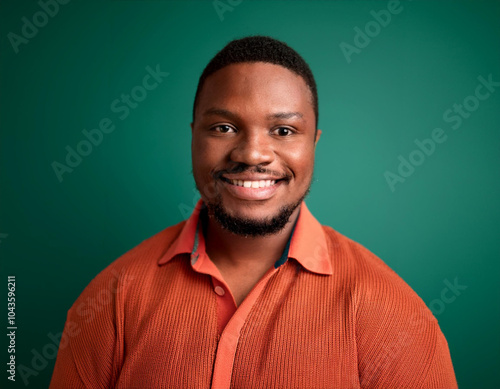 Studio Portrait of Handsome Young Man Happily Smiling Against Green Background