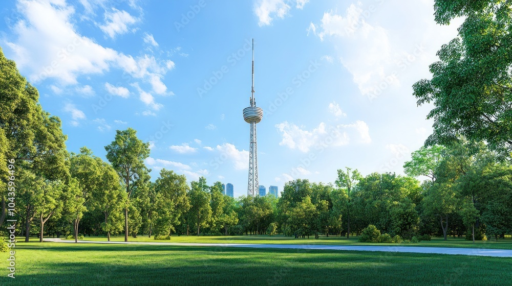 Obraz premium A scenic view of a park featuring a tall communication tower amidst lush greenery.