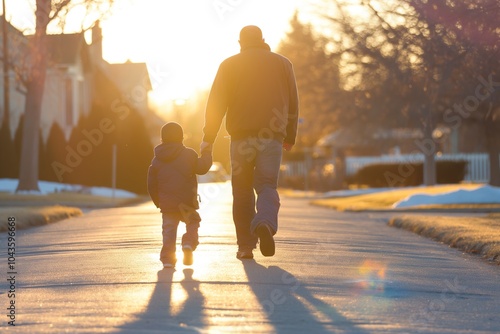 Single parent and child taking a bright walk in the neighborhood