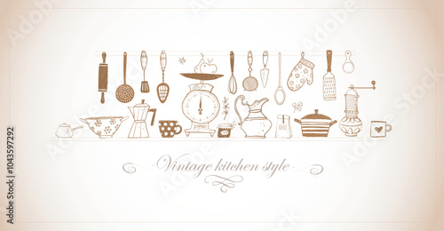 Doodle-style illustration of kitchen tools, including scales, utensils, mugs, and cookware in vintage style