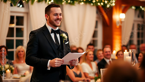 best man making speech at wedding ceremony celebration, friend or emcee speaking in microphone at holiday or birthday, happy male in suit toasting photo