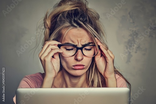 A woman rubs her eyes in frustration, clearly showing signs of eye strain from extended screen use photo