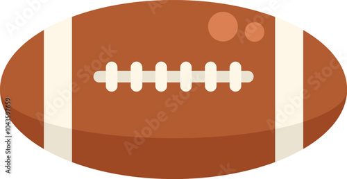 Simple vector illustration of a classic brown leather rugby ball lying horizontally, with white laces and stripes, isolated on a white background