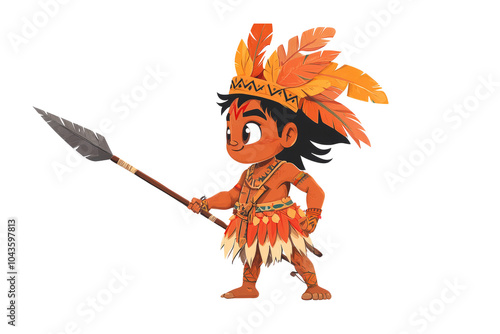 Hawaiian warrior in ceremonial attire with a spear,  isolated white background photo