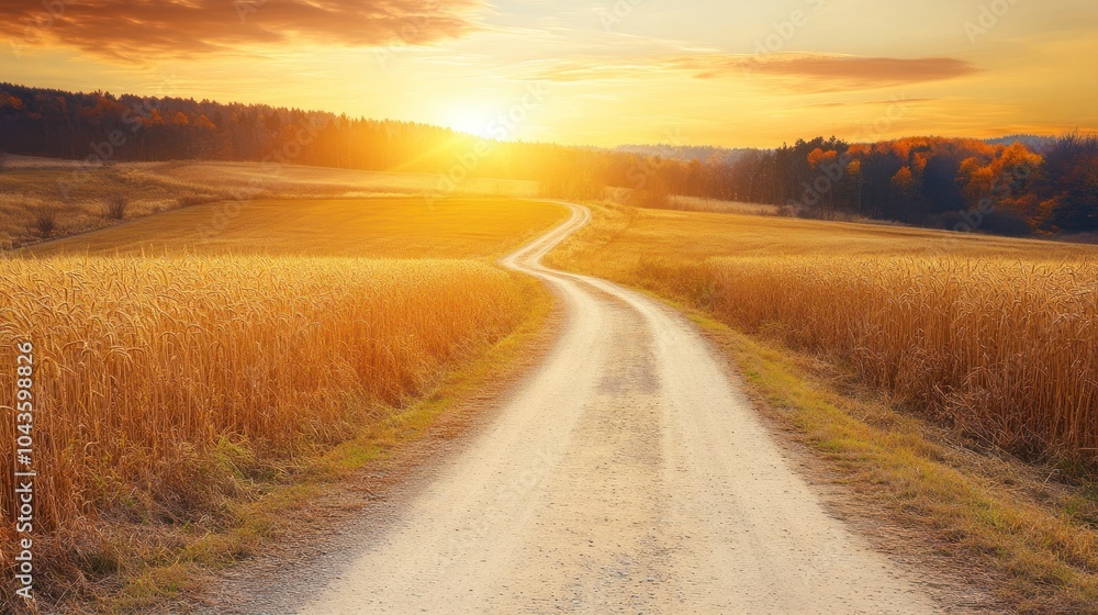 A winding dirt road through golden fields at sunset, evoking tranquility and exploration. A winding dirt road through golden fields at sunset, evoking tranquility and exploration.