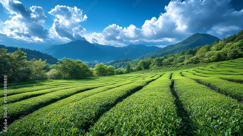 Panoramic view of rows of beautiful green tea plantations with clear blue sky Panoramic view of rows of beautiful green tea plantations with clear blue sky