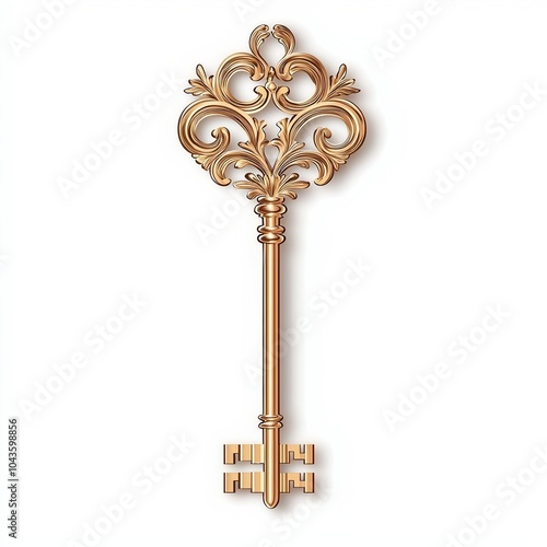 Elegant vintage key design, intricately detailed, isolated on a white background.