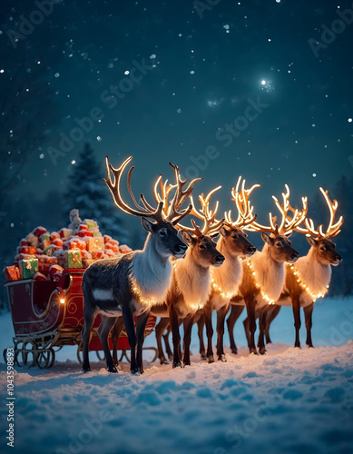 Merry Christmas - Santa's reindeers ready to speard the gifts in christmas background photo