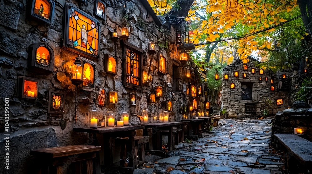 Obraz premium Cozy and serene interior of a chapel featuring intricate stained glass windows lit candles and traditional wooden pews in a warm rustic atmosphere