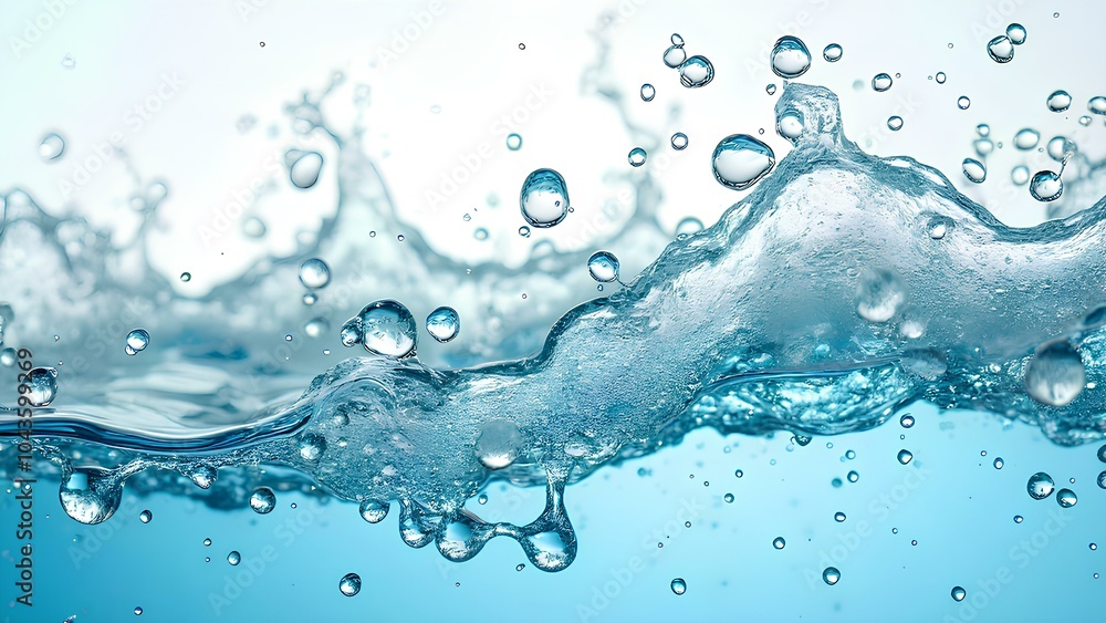 Dynamic water splash with suspended bubbles on a bright blue background, showcasing fluid movement, texture, and clarity, symbolizing freshness, purity, and natural energy Dynamic water splash with suspended bubbles on a bright blue background, showcasing fluid movement, texture, and clarity, symbolizing freshness, purity, and natural energy