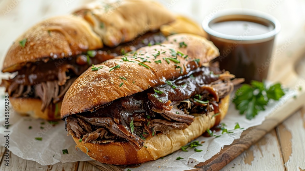 French dip sandwich with au jus on a wooden table, white background French dip sandwich with au jus on a wooden table, white background