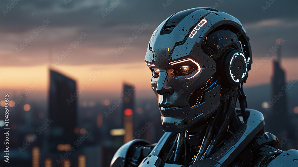 Luminous Robot with Halo in Urban Setting at Dusk Luminous Robot with Halo in Urban Setting at Dusk