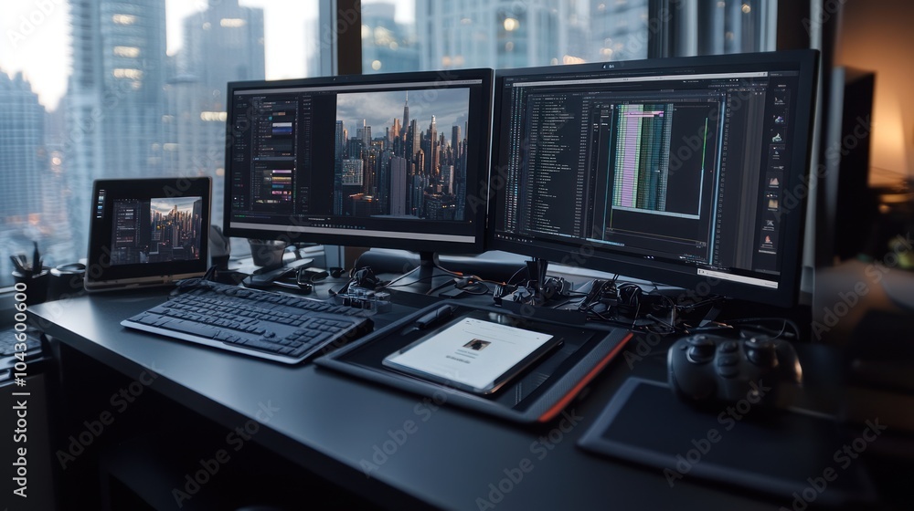 Naklejka premium A modern workspace with multiple monitors and devices for productivity and creative work.