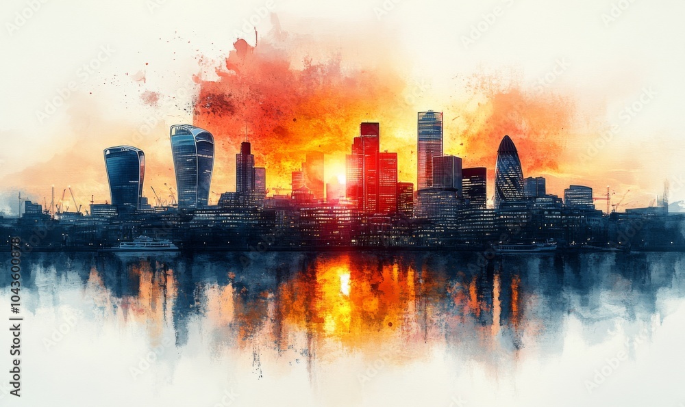 Watercolor Aerial sunset view of the skyline of London with skyscrapers at Canary Wharf and the City in the background, England Photo Formats Watercolor Aerial sunset view of the skyline of London with skyscrapers at Canary Wharf and the City in the background, England Photo Formats