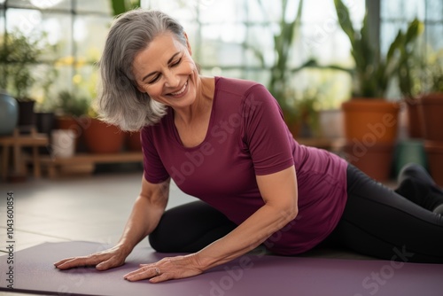 Smiling senior woman doing yoga on a mat, enjoying fitness.