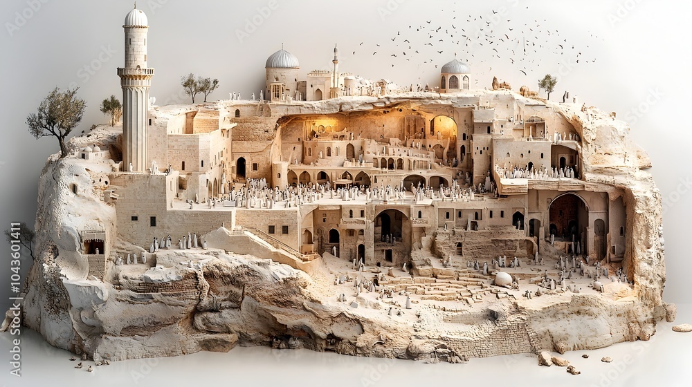 Fototapeta premium Detailed 3D cross section showcasing the intricate architecture and design elements of an ornate Islamic mosque including the towering minaret prayer hall
