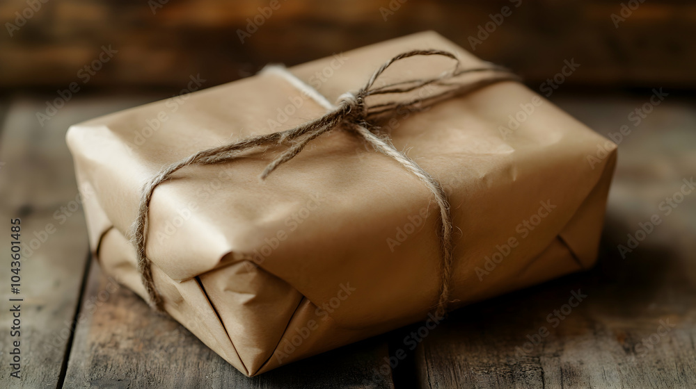 Rustic Brown Paper-Wrapped Gift Tied with Twine on Weathered Wooden Surface Rustic Brown Paper-Wrapped Gift Tied with Twine on Weathered Wooden Surface
