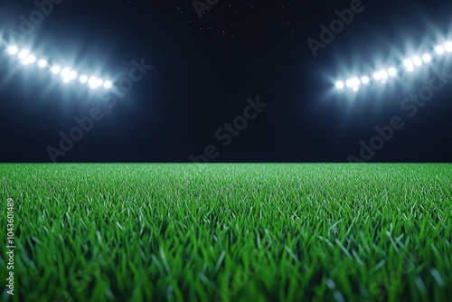 Green football field illuminated by stadium lights at night, vibrant grass texture and clear sky, dramatic atmosphere.