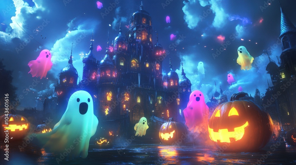 Rainbow-colored ghosts dancing around a spooky castle with glowing pumpkins and bright lights illuminating the sky. Rainbow-colored ghosts dancing around a spooky castle with glowing pumpkins and bright lights illuminating the sky.
