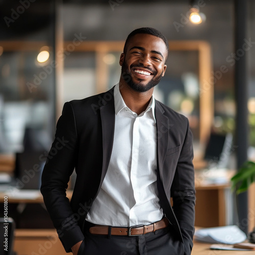 Friendly and smiling young african american professional businessman looking at camera in modern office photo