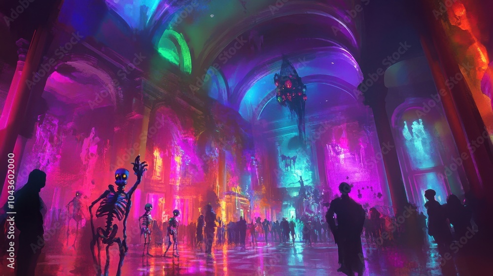 Naklejka premium Rainbow-colored skeletons and playful ghosts celebrating Halloween in a neon-lit haunted ballroom.