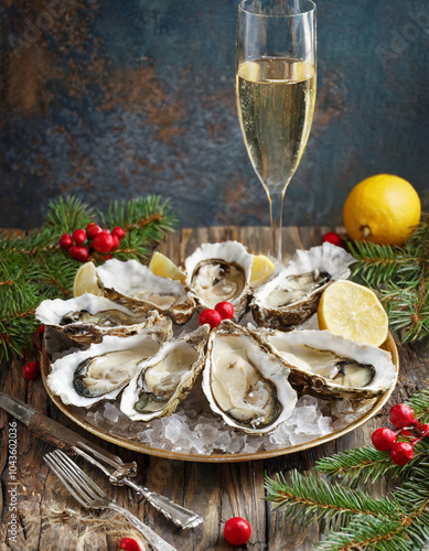 Elegant holiday table setting with oysters, champagne, and festive decorations for a Christmas celebration