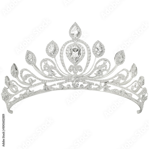 Intricate Silver Tiara with Teardrop Diamonds and Filigree Design