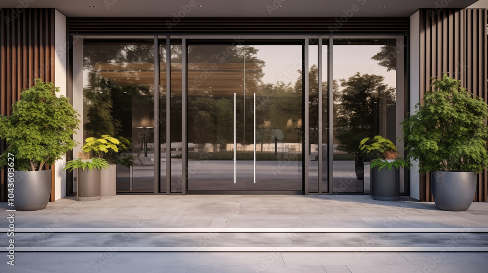 Stylish Condominium Entrance with Green Plants and Glass Panel Doors Stylish Condominium Entrance with Green Plants and Glass Panel Doors
