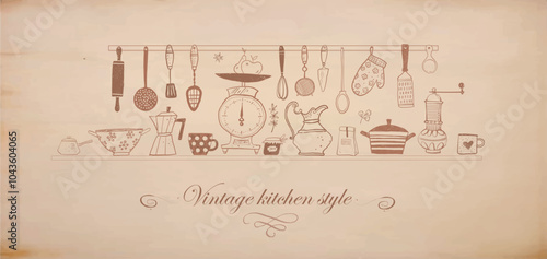 Doodle-style illustration of kitchen tools, including scales, utensils, mugs, and cookware on vintage background