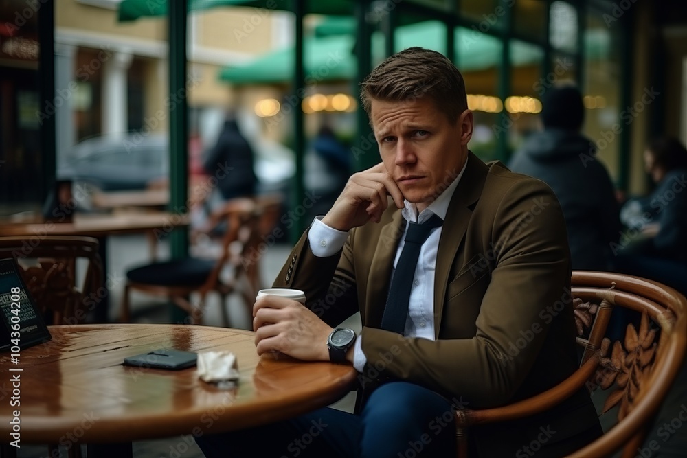 Portrait of a pensive businessman sitting at a table in a cafe Portrait of a pensive businessman sitting at a table in a cafe