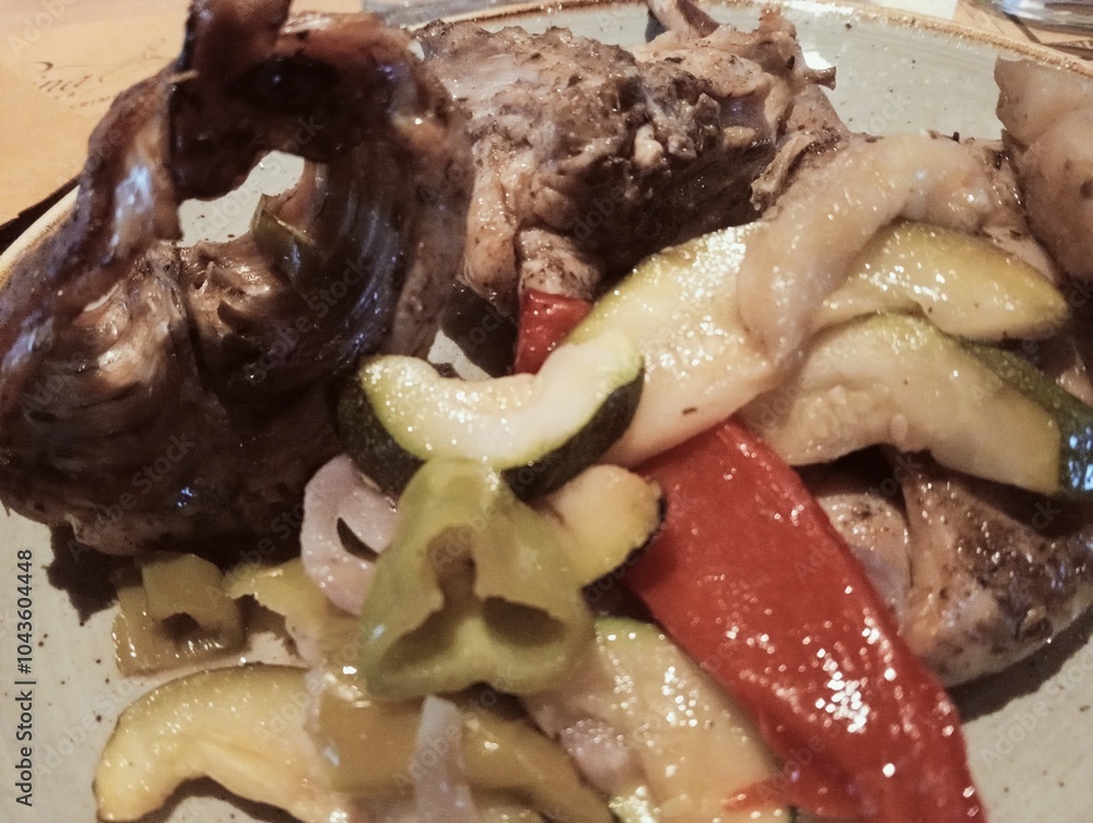 dish with baked rabbit and vegetables. Italian food