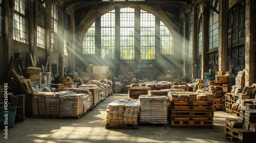 Wallpaper Mural Sunbeams illuminate a large warehouse space filled with stacked cardboard boxes on wooden pallets. Torontodigital.ca