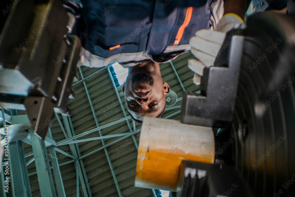 close up below A factory worker operates heavy machinery, focusing intently as he adjusts mechanical components. the industrial environment and the technical expertise required for the task. close up below A factory worker operates heavy machinery, focusing intently as he adjusts mechanical components. the industrial environment and the technical expertise required for the task.