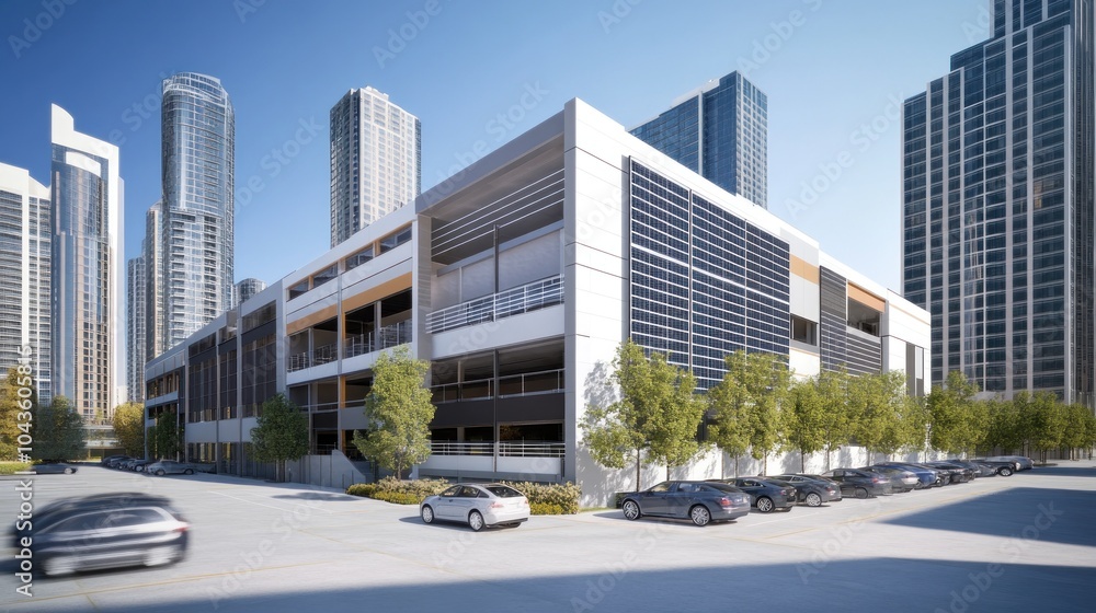 Obraz premium A modern parking structure in an urban setting, surrounded by skyscrapers.