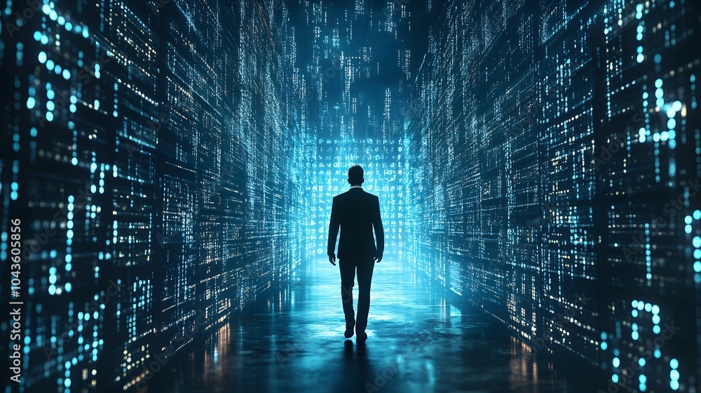 Man Walking Through Futuristic Digital Data Tunnel Man Walking Through Futuristic Digital Data Tunnel